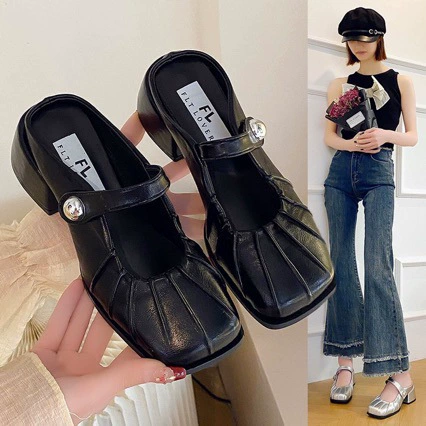 Высокий каблук с головкой половинной тапочкой женский 2024 летний новый толстый каблок с толстой подошвой носить ленивый туфли Мюллер