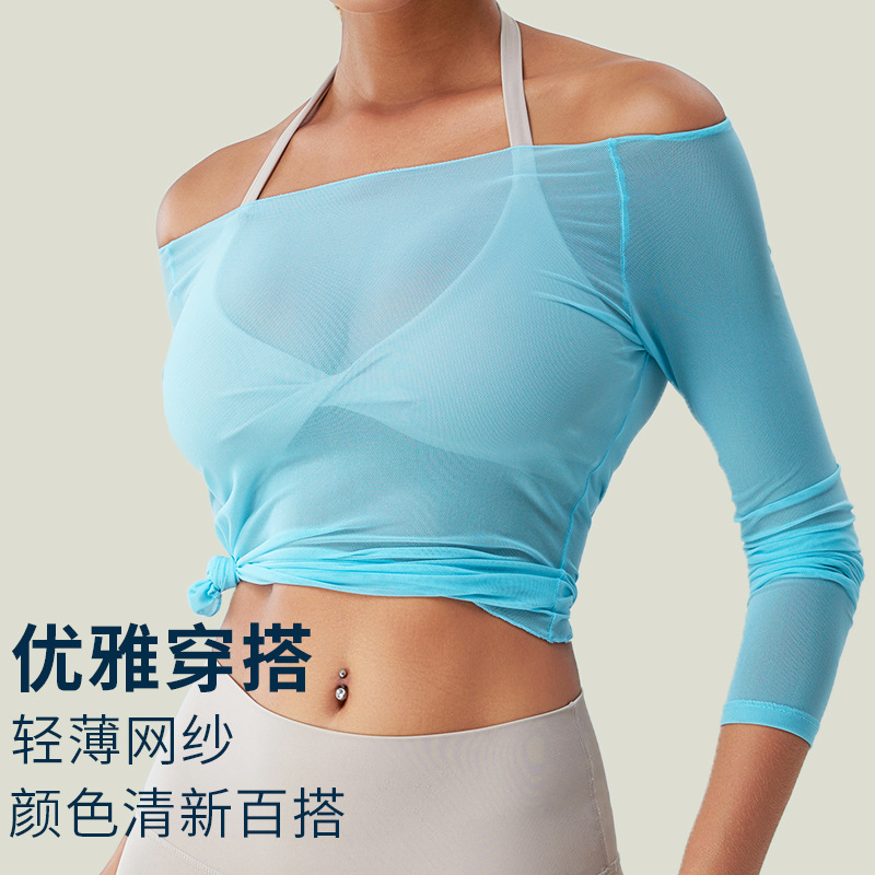Nueva blusa de yoga sexy transfronteriza para mujer ligera malla de secado rápido deportes Camiseta de manga larga running fitness top