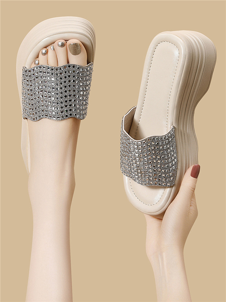 Sandal nữ đế dày đính đá lấp lánh phong cách thời trang — 6075 Màu be, 6075 Da đen chi tiết 11
