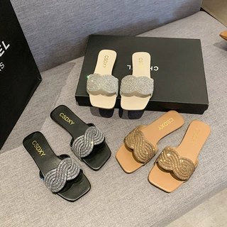 韩版条纹一字型平底拖鞋女 Flat Slippers 方头一脚蹬居家拖鞋
