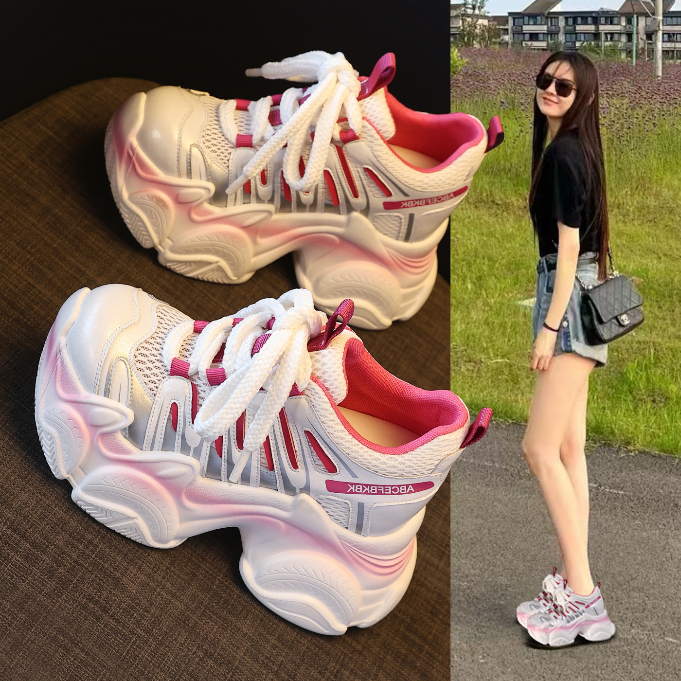 Giày sneaker nữ đế dày chunky tăng chiều cao lưới thoáng khí — màu trắng