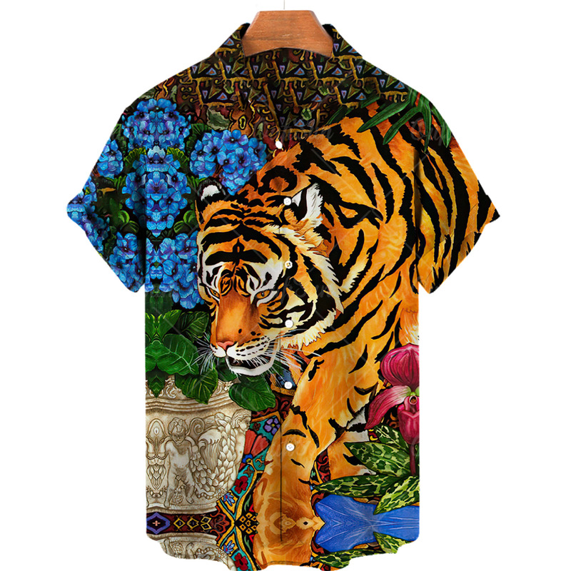 2024 Summer AliExpress Amazon New Ferocious Tiger 3D Digital Print Short Sleeve Shirt, Men's Shirt