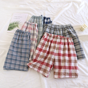 Washed Cotton Plaid Shorts Women's Summer Cool Side Bocket Triple Pants Thin Outwear Beach Pants Sweat-absorbent Pajama Pants