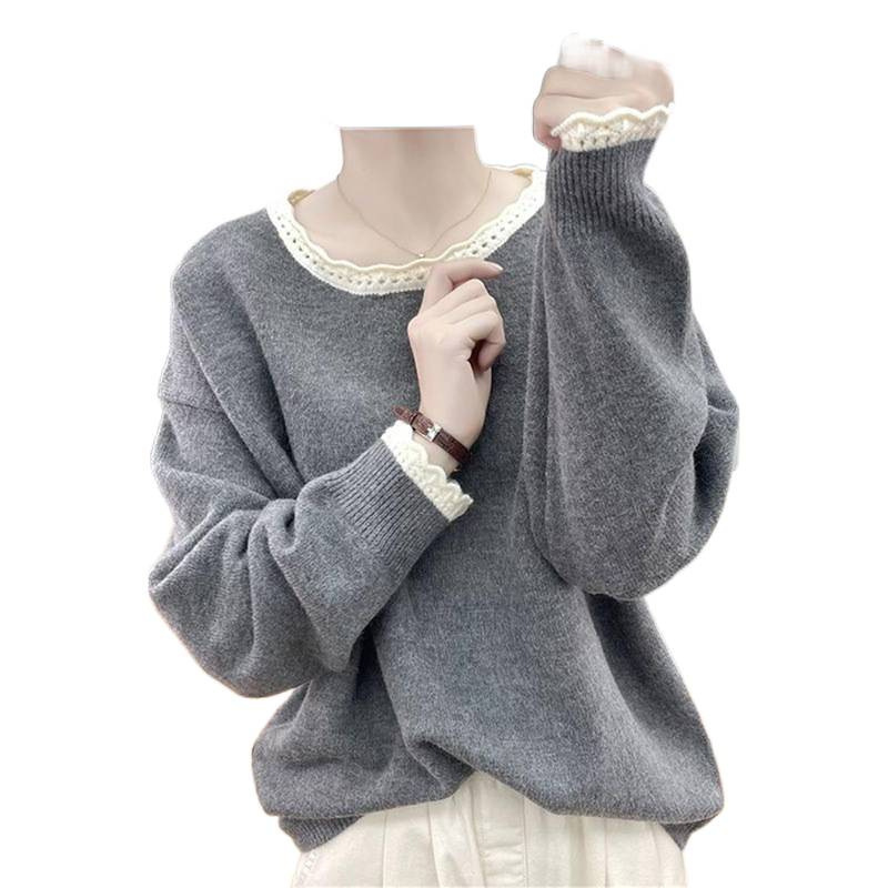 秋冬花边领加厚拼色针织衫女减龄宽松上衣2025新款圆领打底衫毛衣|undefined