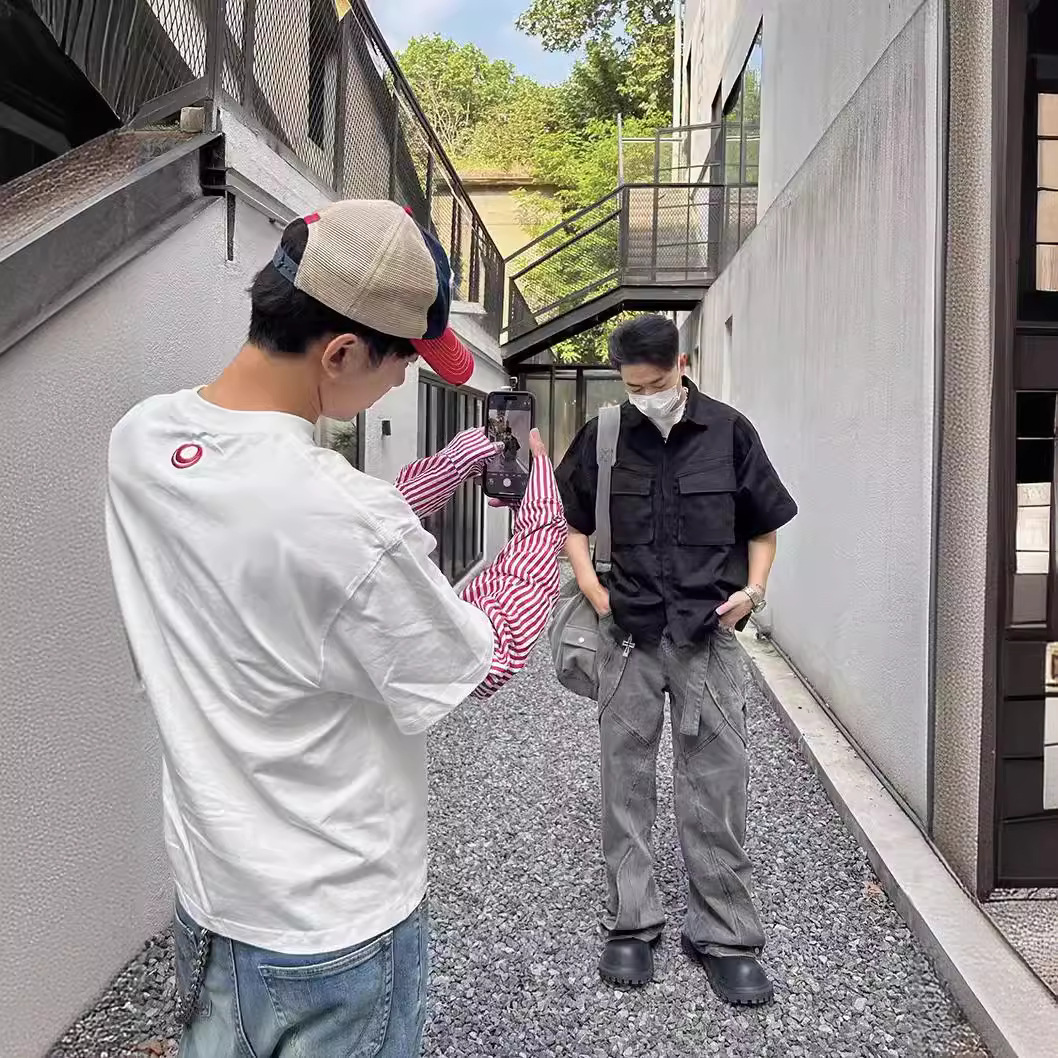 Jimo FAR ARCHIVE Heavy Industry Washed Lapel Three-Dimensional Functional Jacket Loose Short-Sleeved Shirt Vibe Style for Men