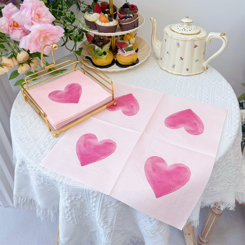 20 Sheets of Pink Heart-Printed Paper Napkins, Wedding and Valentine's Day Colorful Napkins, Restaurant Decoration Cup Flower Paper 33cm