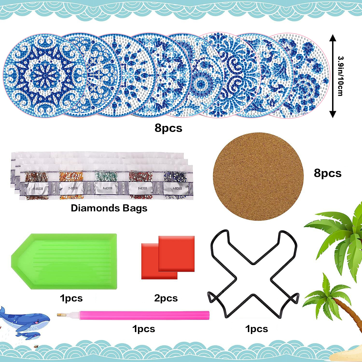 Taza de pintura de diamante personalizada almohadilla de taza de perforación completa almohadilla de aislamiento térmico redonda almohadilla de mesa de comedor de animales DIY forma especial almohadilla de taza con estante al por mayor