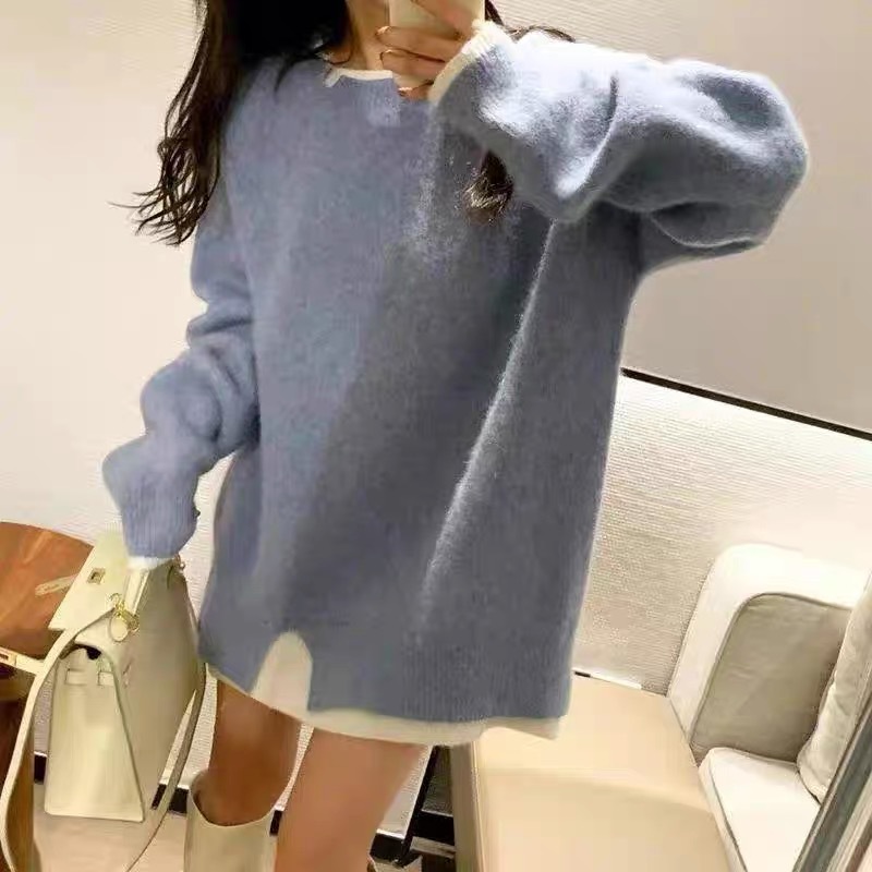 GraceChic GraceChic GraceChic 2021 Two-Piece Knitted Autumn Winter New Korean Version Age-Reducing Loose Soft Casual Color-Block Sweater Coat For_voghion.com