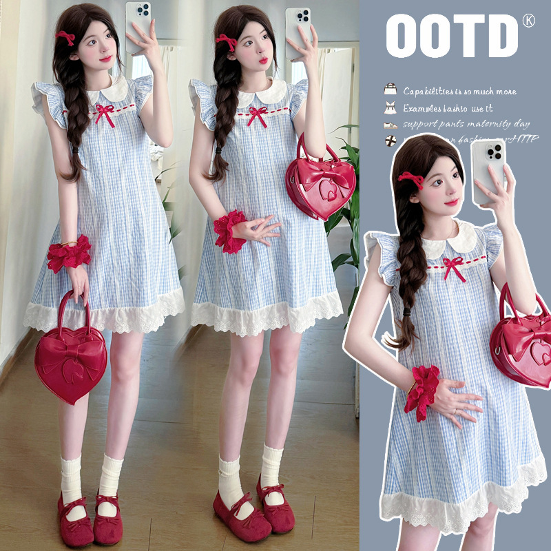 Real shot in stock 2025 summer new maternity embroidery plaid lace stitching cute flying sleeve dress