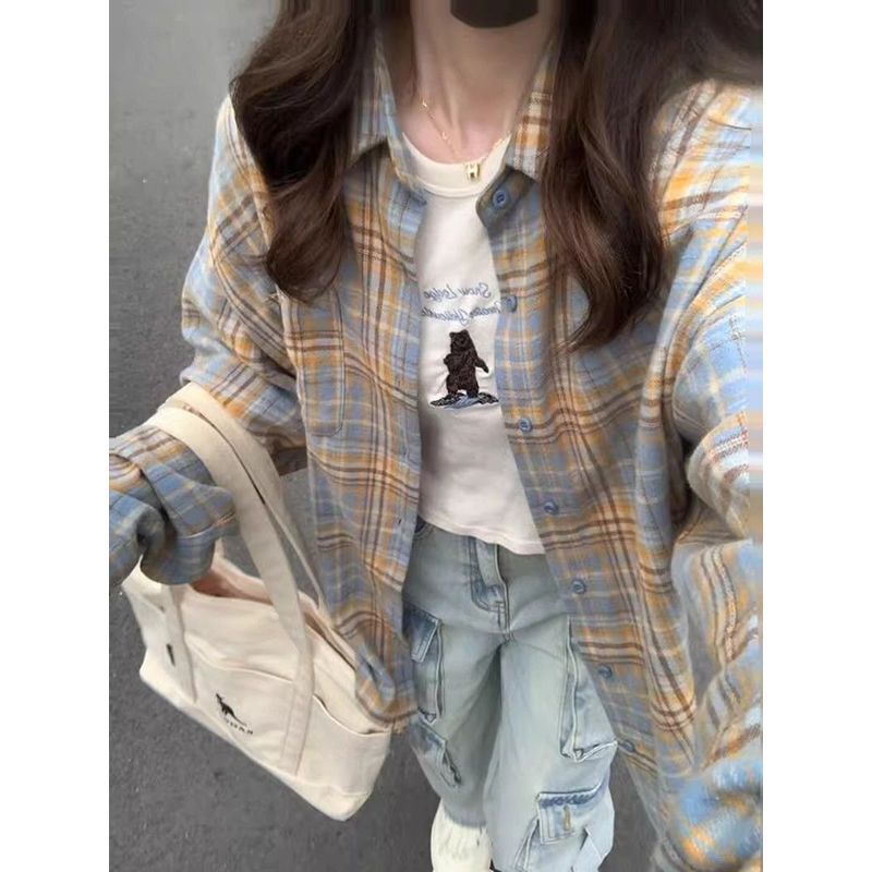 2025新款春秋薄款长袖衬衫女法式复古格子外套设计感小众宽松衬衣|undefined