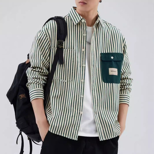 Men's Spring and Autumn New Retro Striped Long Sleeve Shirt Trendy Collar Shirt Colorful High-End Casual Matchable Top