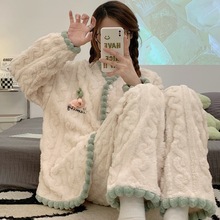 睡衣女秋冬季高颜值提花绒开衫韩版卡通珊瑚绒保暖加绒加厚家居服