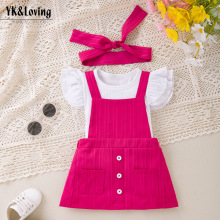 女宝套装婴童短袖上衣背带裤发饰三件套坑条飞袖T恤吊带裙外出服