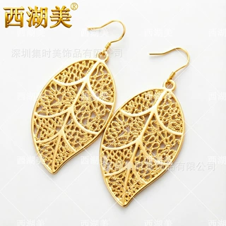 法式复古高光叶脉树叶耳坠 细密网纹镂空质感金色耳环厂家批发