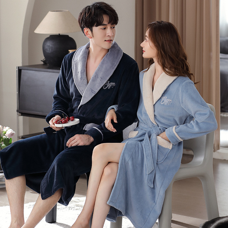 (2개) 새로운 겨울 커플 가운 남성용 목욕 가운 여성용 잠옷 겨울 플란넬 두꺼운 벨벳 산호색 플리스 중간 및 긴