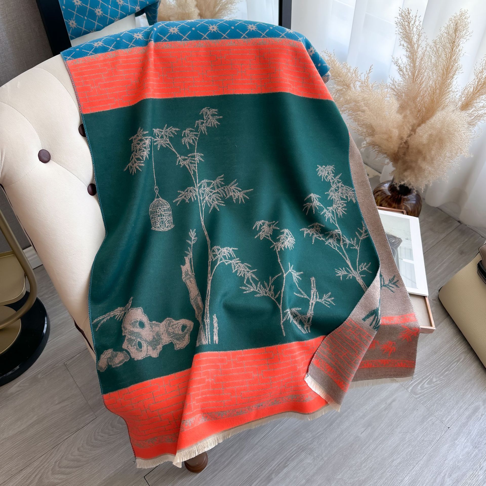 Nueva moda vintage bambú impresión bufandas para damas de alto nivel 2024 otoño y invierno grueso manteniendo el calor bufandas