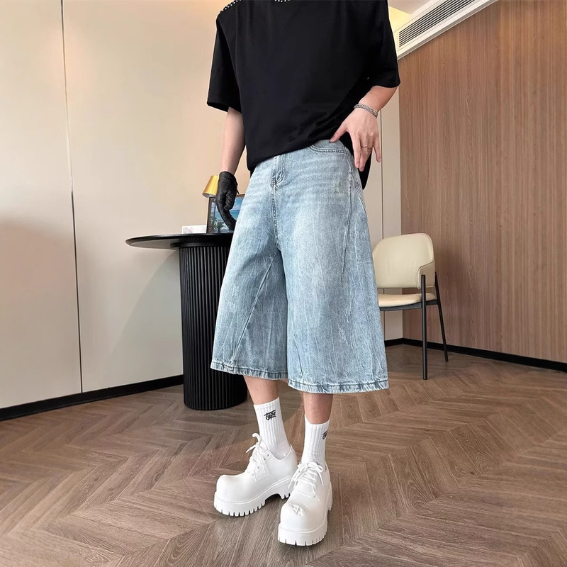American Light Blue Washed Denim Shorts Men's Summer High-End Style Small People Look Taller and Slimmer Wide-Leg Cropped Pants