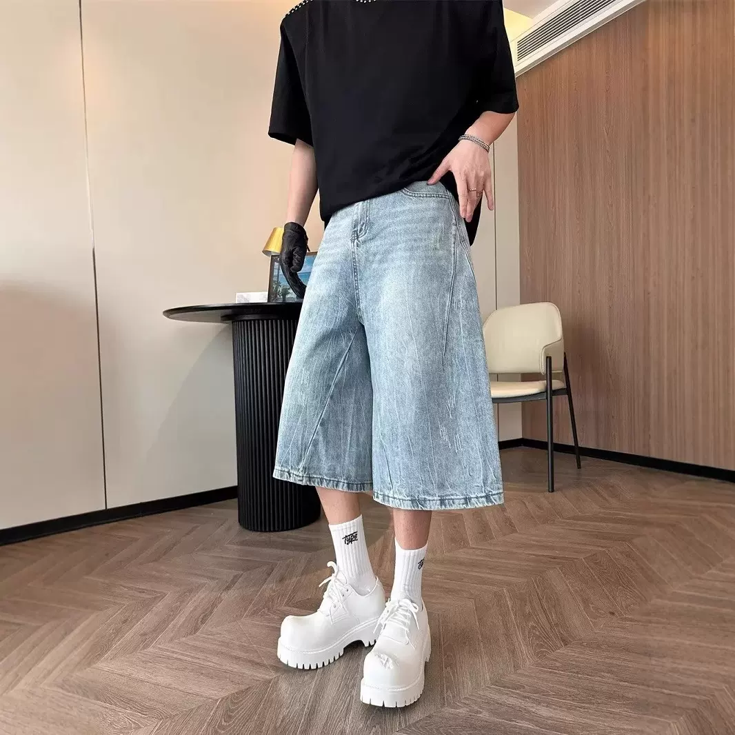 美式浅蓝水洗牛仔短裤男款夏高级感小个子显高显瘦阔腿七分裤