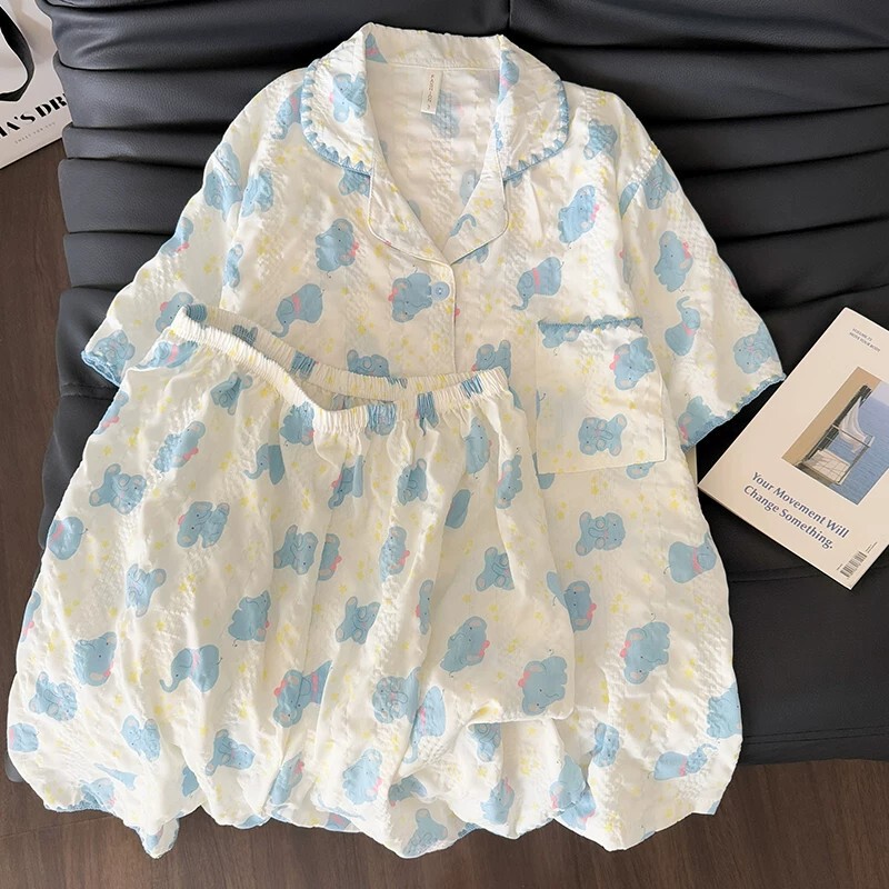 Sweet and Cute Little Elephant Short-Sleeved Pajamas for Women, Summer Style, Thin Pure Cotton Gauze Cartoon Short-Sleeved Shorts, Three-Piece Home Wear Set