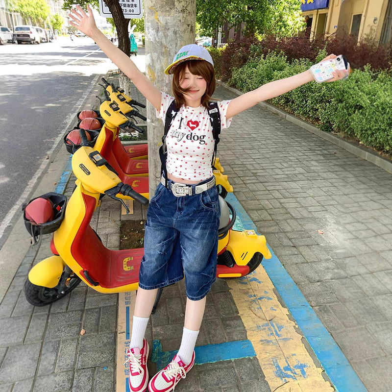Plus Size American Hot Girl Casual Design Lightning Pattern Denim Shorts Women's Summer Trendy Loose Wide-Leg Cropped Pants