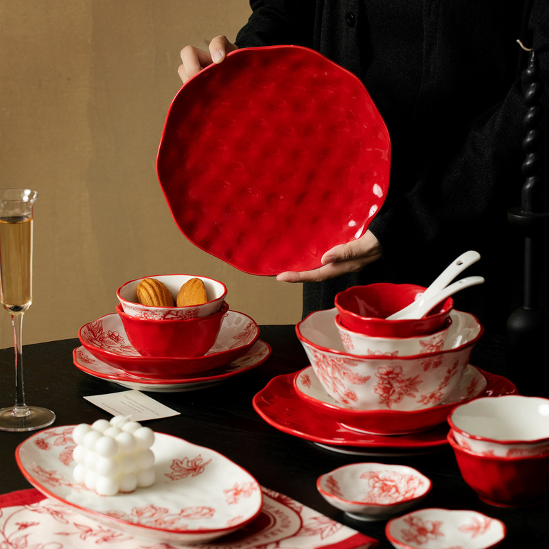 2025 New Chinese-Style Floral Ceramic Bowl and Plate Set, Housewarming, Wedding, Newlywed, New Year Gift for Newlyweds, High-End Feel