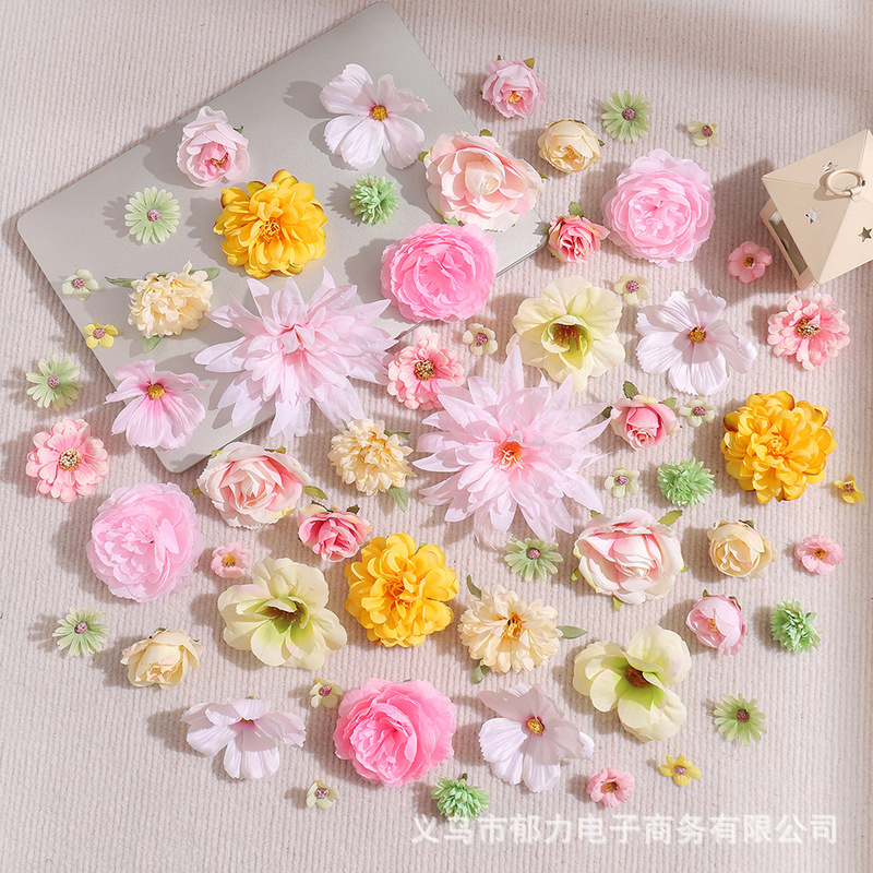 60-Piece Multi-Color Set of Artificial Flowers DIY Materials, Traditional Style Hairpin Flower Accessories, Fake Flowers for Wedding Decoration