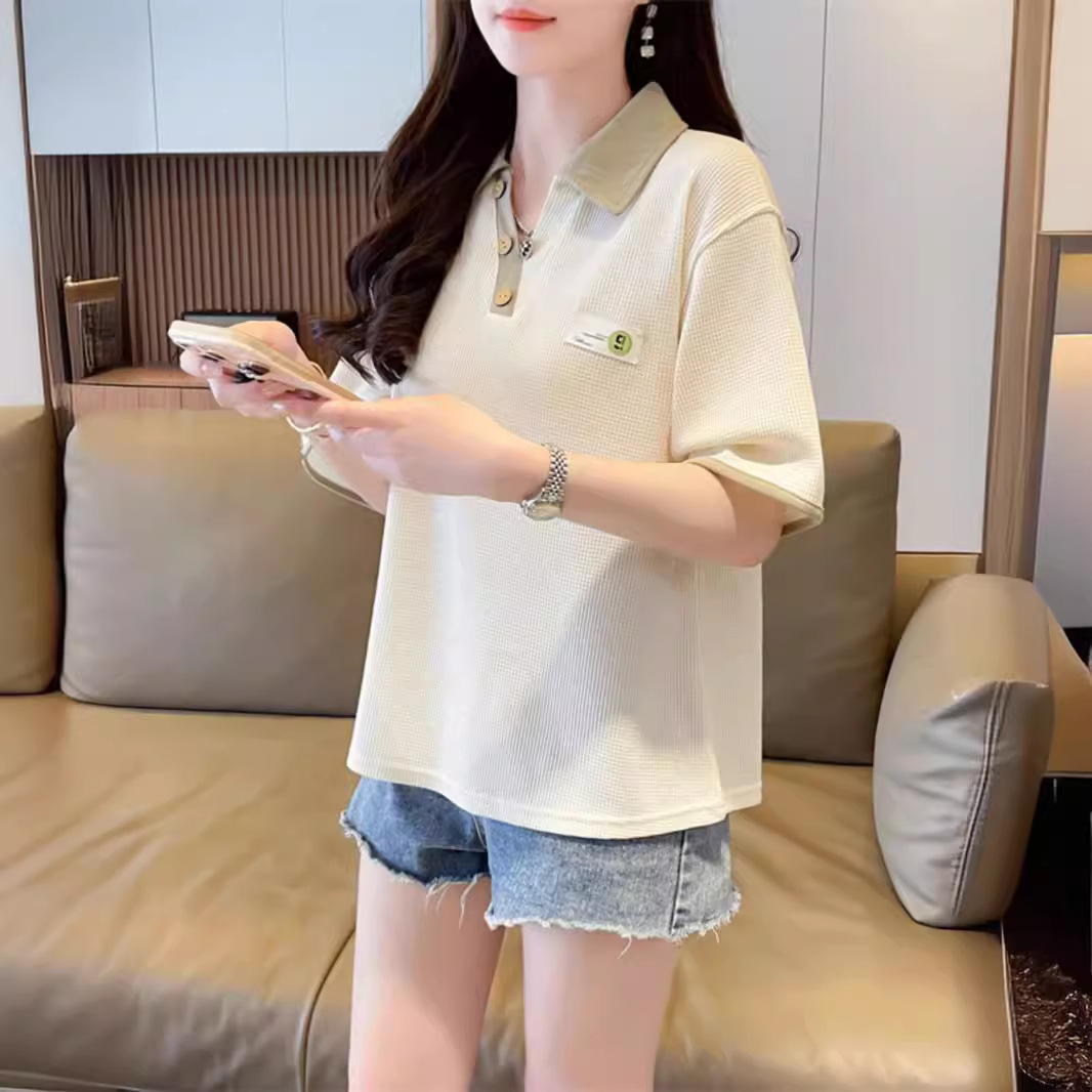 Camiseta de manga corta con cuello de polo de dos piezas falsas de waffle de talla grande para mujer 2024 verano nuevo estilo coreano suelto de media manga superior