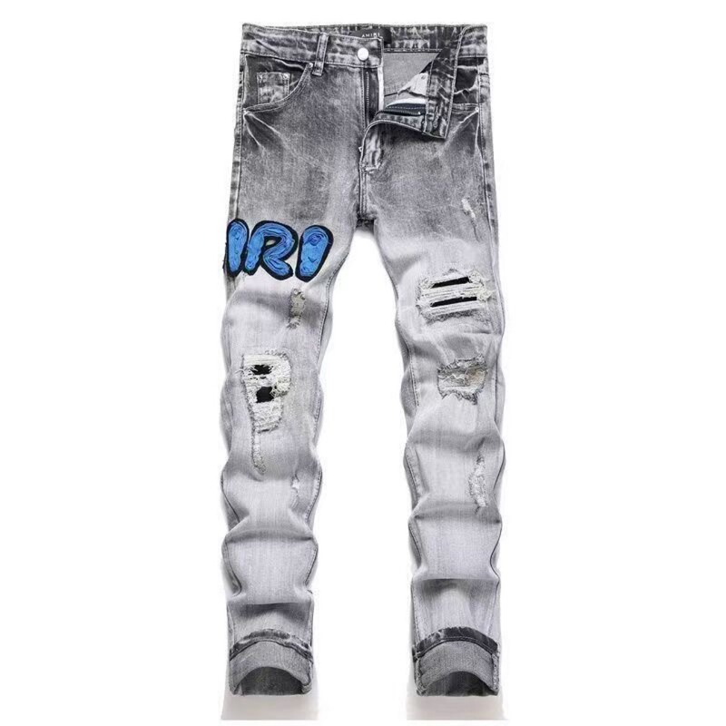 2025 Korean Version Ripped Patchwork Embroidered Jeans for Men, Slim Fit, Trendy, Stretchy Pants in Stock