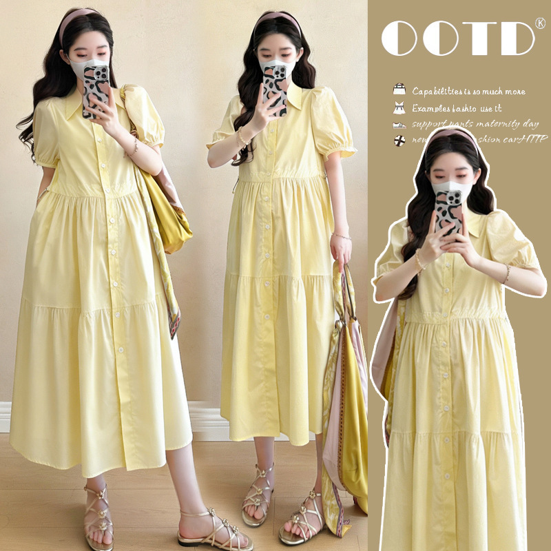 Maternity Dress Summer Thin Style Trendy Mom New Fashion Yellow Loose Sweet Polo Collar Shirt Dress Mid-Length