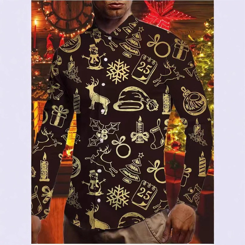 Cross-Border Temu Hot-Selling Men's 3D Printed Christmas Long-Sleeved Casual Shirts, Festive Carnival Fashion Shirts for Ordering