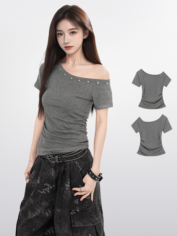 女性用グレーのオフショルダー半袖Tシャツ、夏、小柄なホットガール、スリムフィット、ショートワンショルダートップ|undefined