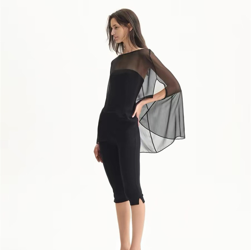 100% Mulberry Silk "Misty Feel" Blouse and Tube Top Two-Piece Set for Women, Black/Dolphin Gray