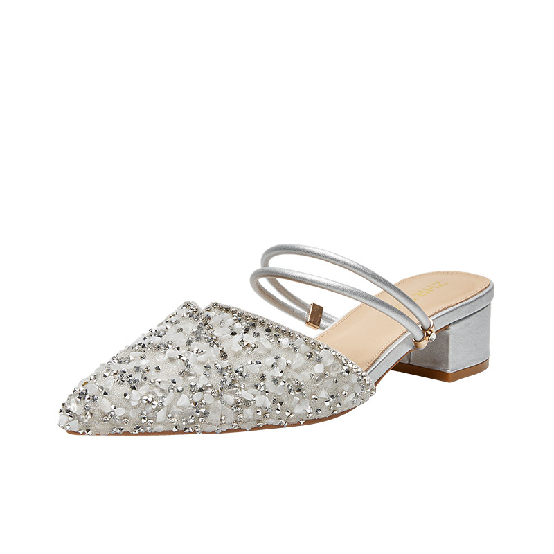 Sandal đính đá nữ đế thấp quai mảnh phối váy — BL139 màu bạc