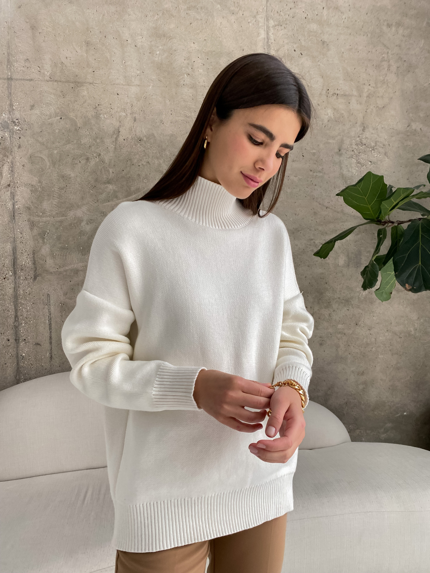 Pull tricoté à col semi-haut de couleur unie pour la mode automne-hiver, pull chaud simple et ample_voghion.com