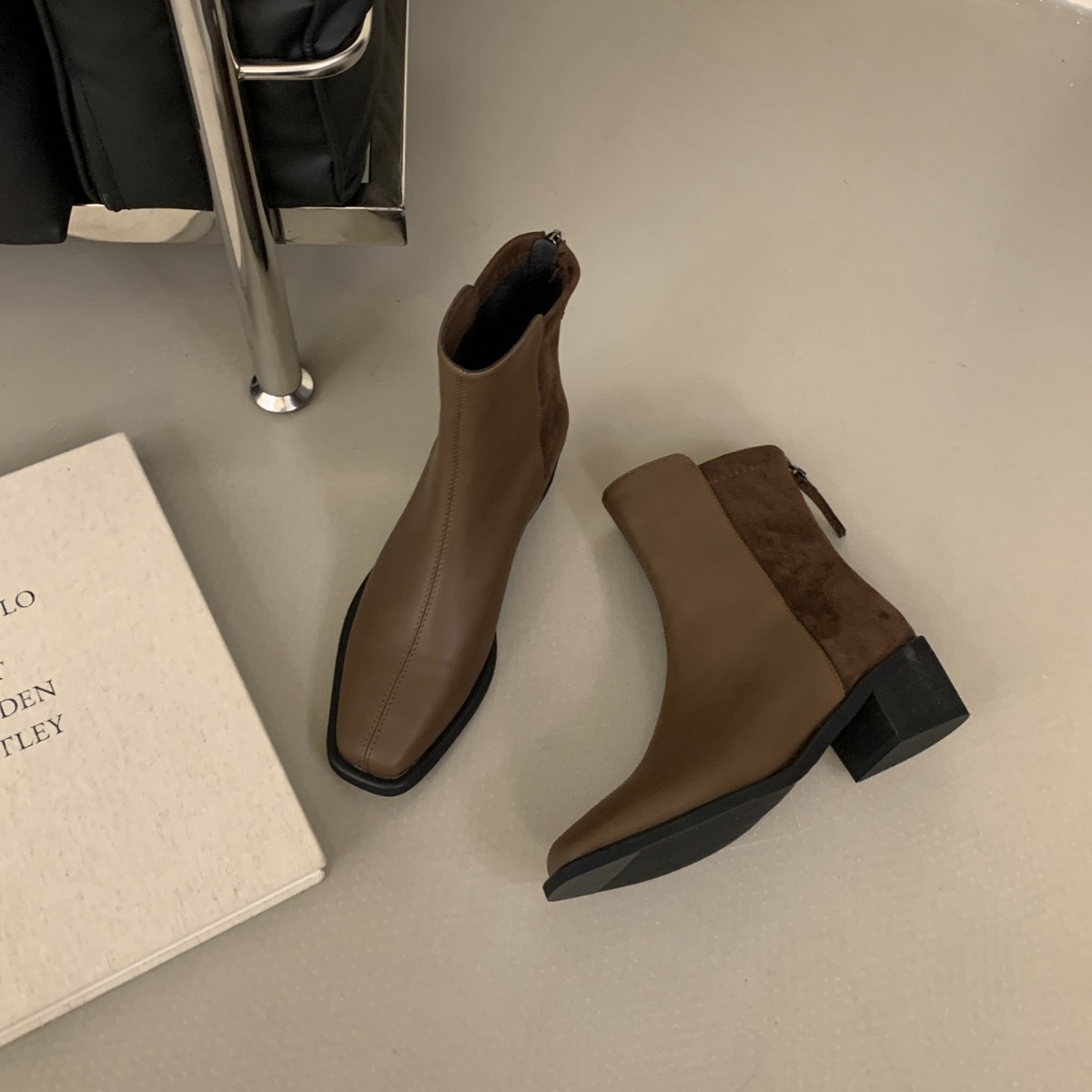 Fashionable autumn black universal low boots square toe with zipper…