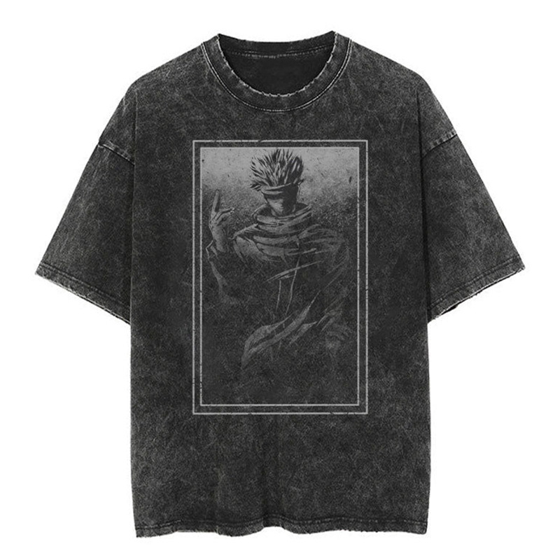 Classic Japanese Gojo Satoru Cartoon Oversize High Street Vintage Washed Batik Short-Sleeved T-Shirt