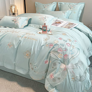 Princess Style Long-staple Cotton Spring and Autumn Four-piece Set Pure Cotton 100 Quilt Cover Bed Sheet Hat Light Luxury Bedding Women's Satin Bedspread