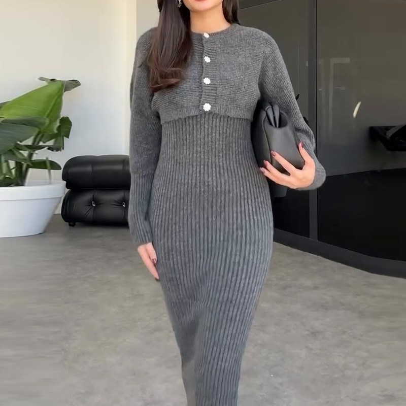 2025 nuevo comercio exterior transfronterizo de Europa y Estados Unidos botones de ropa de mujer de punto temperamento de moda temperamento de color sólido conjunto de vestido