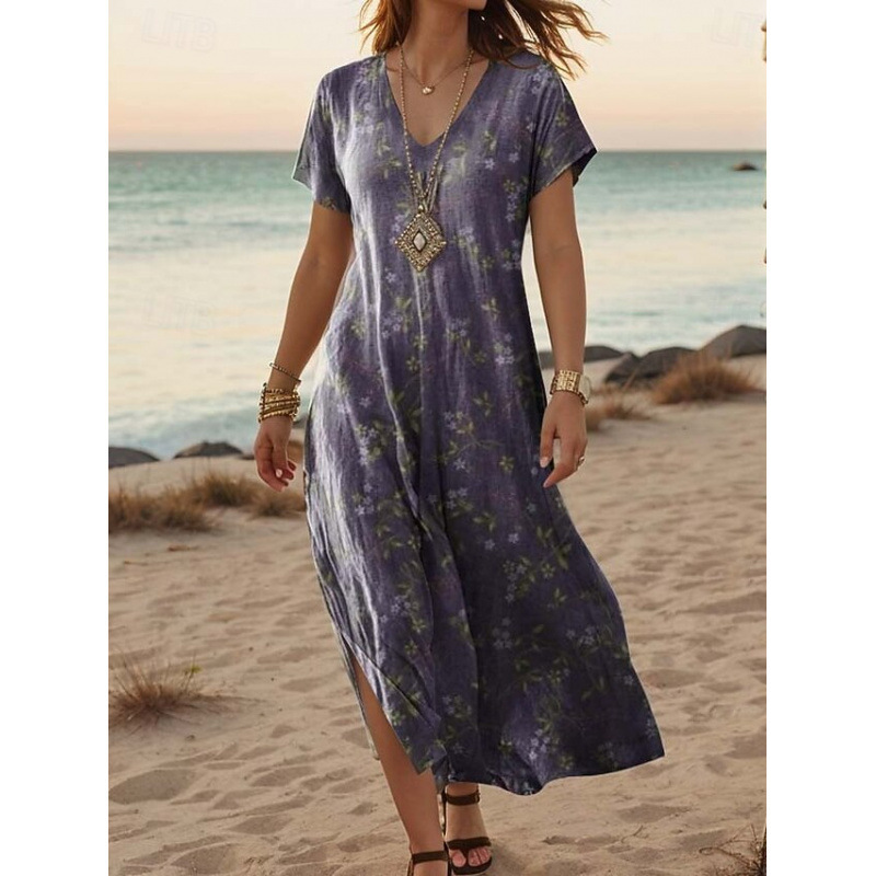 Summer Maxi Dress Casual V Neck Long Sleeve Bohemian Peacock Print Floral Long Dress
