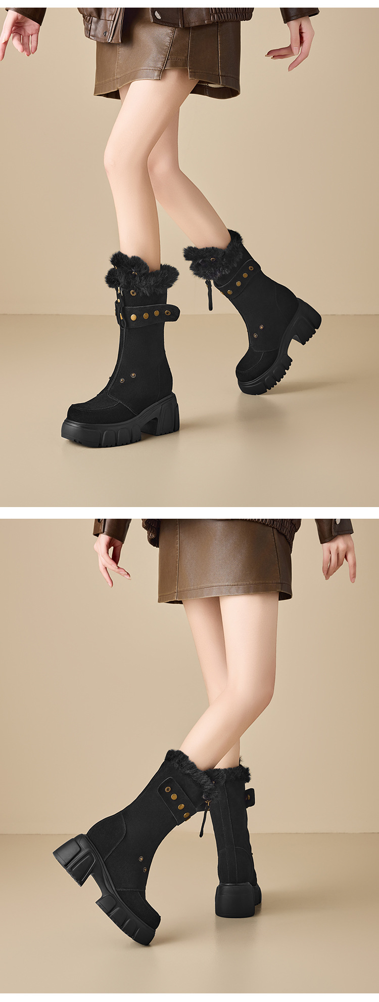 Giày bốt nữ cổ cao ôm bắp chân da bò đế dày 10 cm lót lông cừu ấm áp — nhung nâu chi tiết 7
