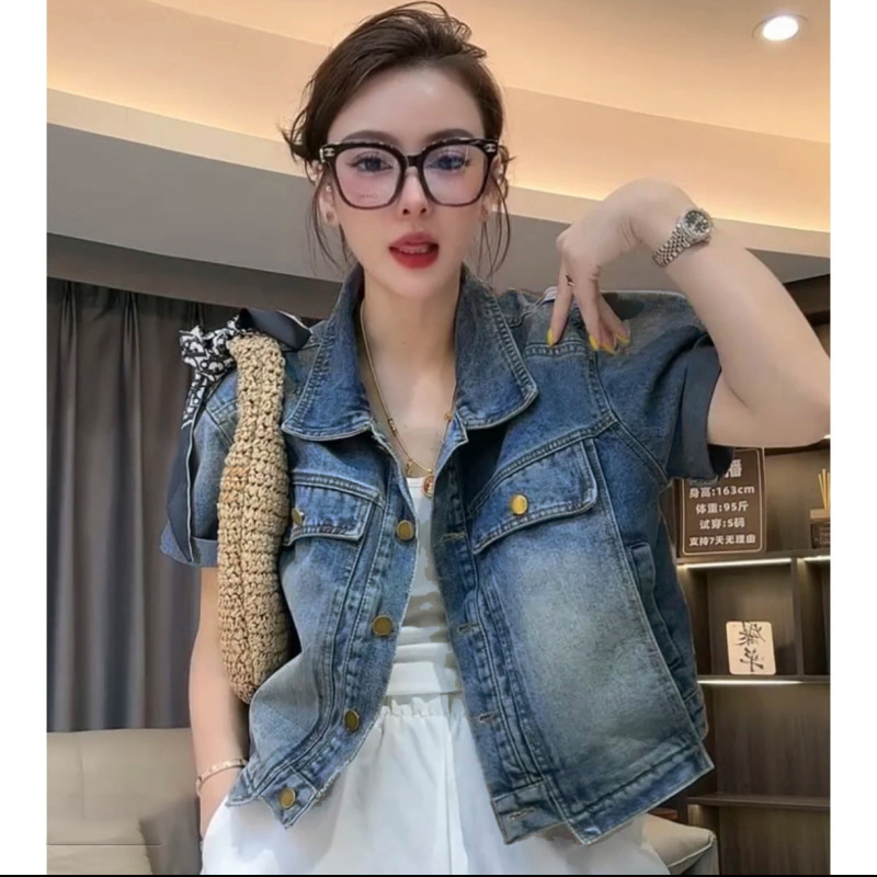 2026 Summer New Korean Style Design Pocket Short-Sleeve Loose Denim Jacket Fashion Versatile Women's Turn-Down Collar Jacket