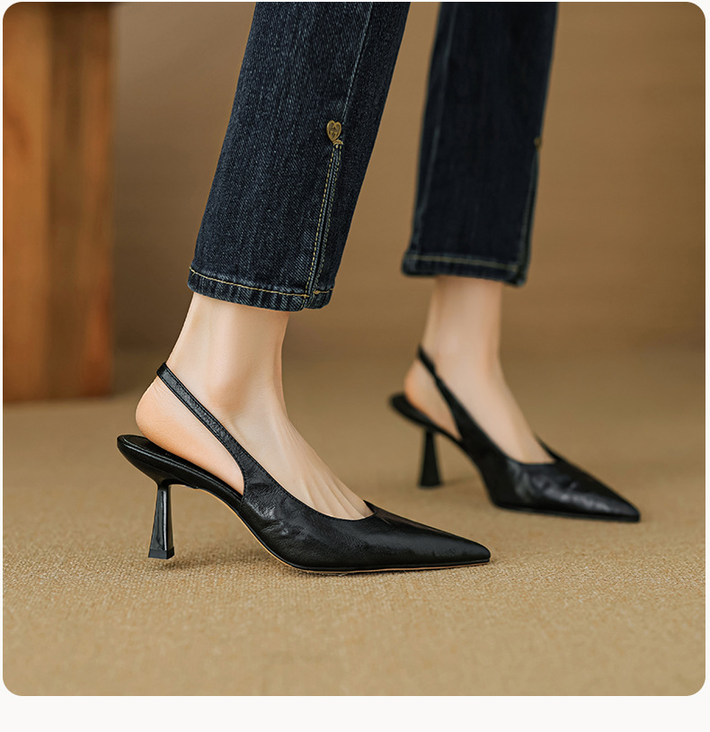 Sandal cao gót nữ mũi nhọn hở gót, da cừu, phong cách Hàn Quốc đơn giản — đen chi tiết 14