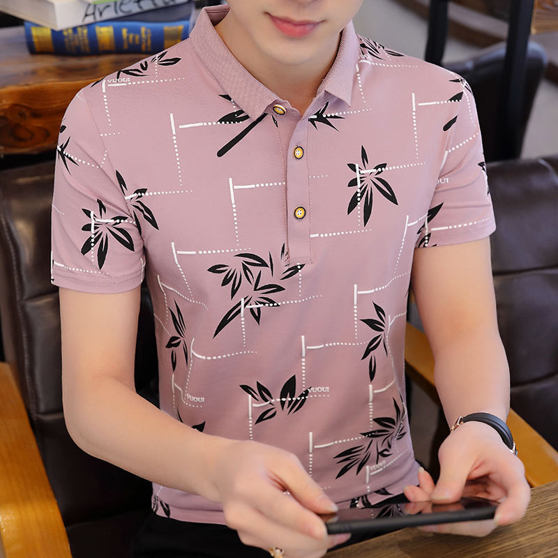 Summer New Men's Short-sleeved T-shirt Korean-style Lel Polo Shirt Youth Printed Trendy Base Shirt Men's Top
