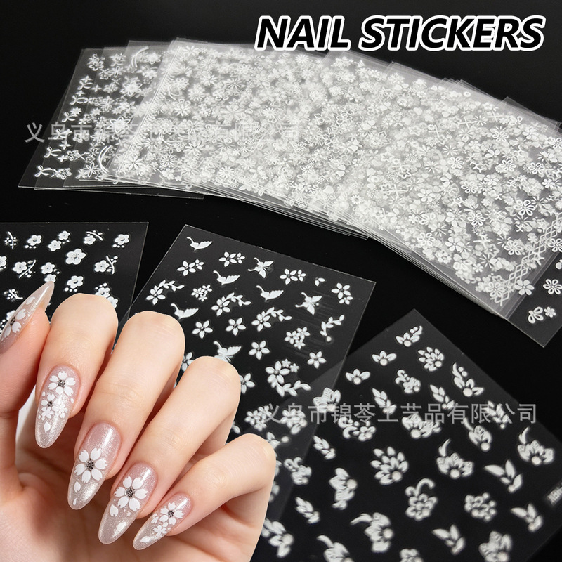 Korean-Style Simple White Minimalist Floral Nail Stickers Mini White Flowers Daisies Stars Heart Nail Decals