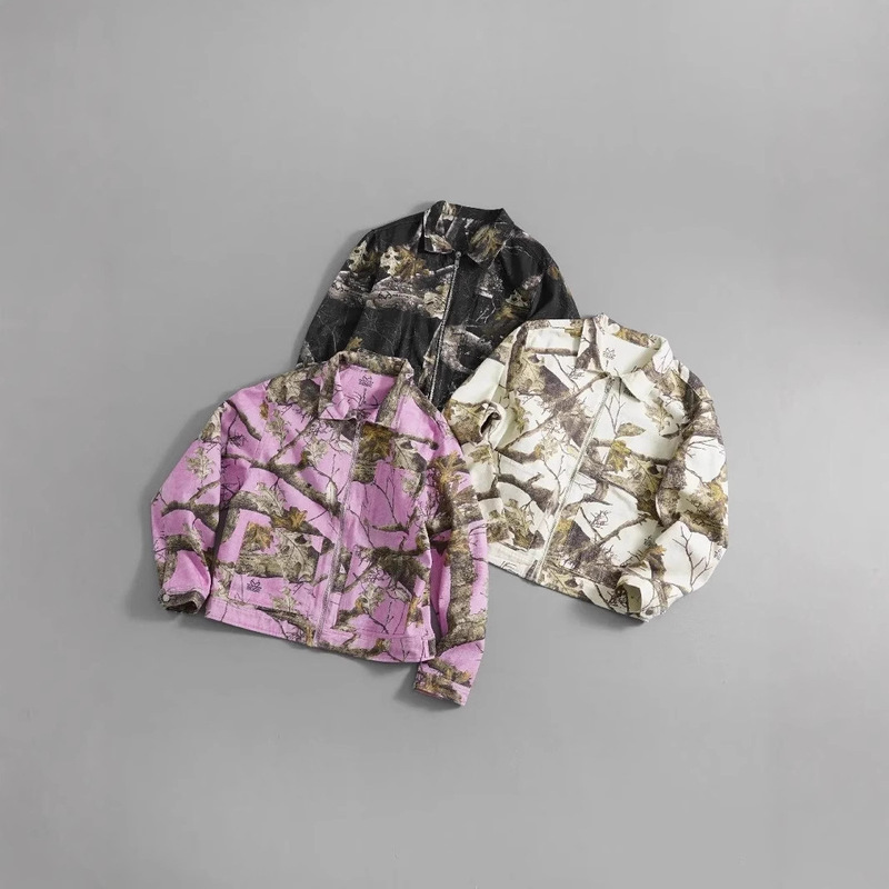 High-Quality Stu Retro Maple Leaf Branch Full-Print Jacket with Zipper Workwear for Men and Women, Same Style as Wang Jiaer