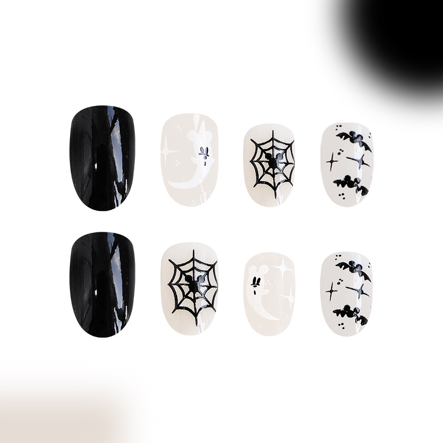 Halloween False Nails Spider Web Bat Ghost Print Oval Shape 48pcs_voghion.com