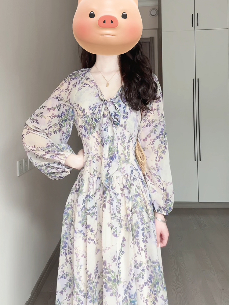 Đầm maxi nữ thắt eo voan hoa Pháp tay dài — Tím