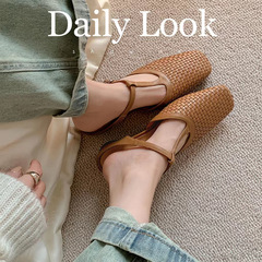 2024年春季新品T字帶真皮編織法式包頭涼鞋平底晚風配裙子半拖