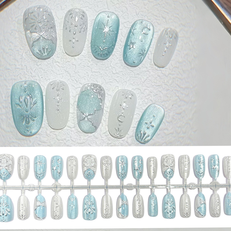 Blue-Green Retro Fresh Baroque Style Wearable Nails with Ice-Transparent Coarse Powder Cat Eye Short Oval Nail Stickers with Silver Accents Blue-Green Retro Fresh Baroque Style Wearable Nails with Ice-Transparent Coarse Powder Cat Eye Short Oval Nail Stickers with Silver Accents