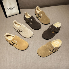 真皮牛反絨大頭鞋女士棉鞋博肯鞋女加絨冬鞋女款外穿毛毛鞋一腳蹬